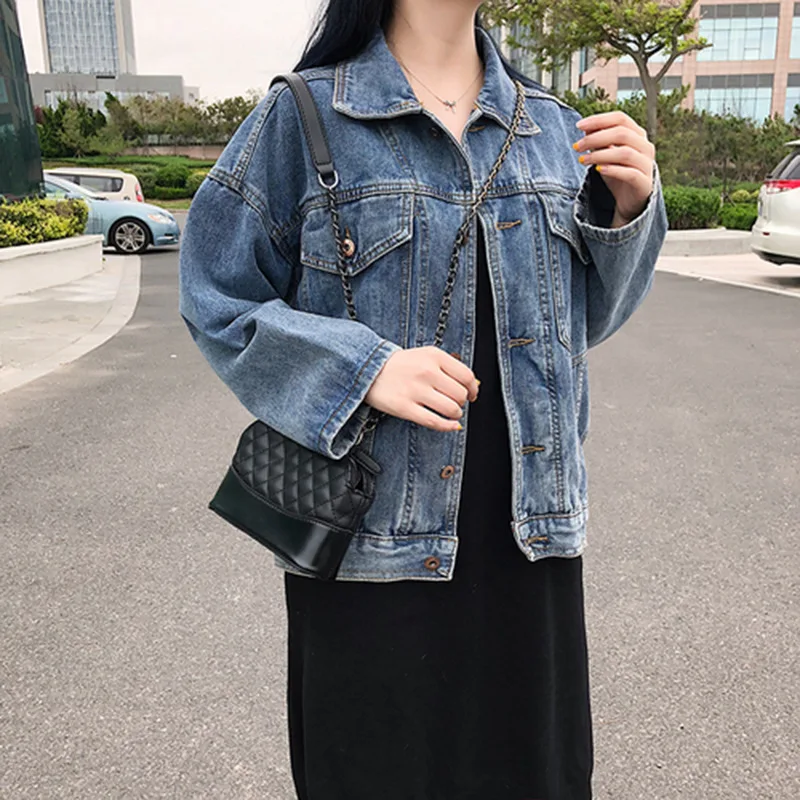 

Photo Shoot 2019 Autumn New Style Korean-style Students Jacket Cowboy Long Sleeve Fold-down Collar Loose-Fit Jeans Coat WOMEN'S
