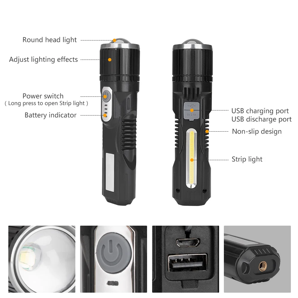COB фонарик USB Перезаряжаемый светодиодный рабочий свет с треногой Регулируемый поворотный зум для наружного кемпинга автомобиля ремонт лампы