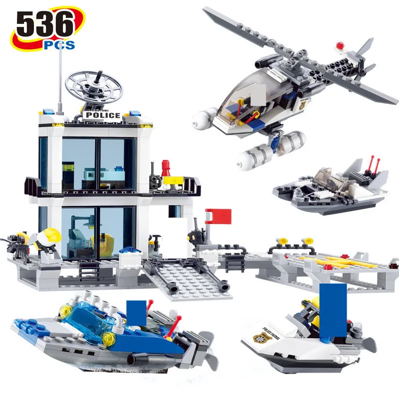 

KAZI Education Police Station Building Blocks Helicopter Boats Model Bricks Toys Compatible-LEGO brinquedos Birthday Gift