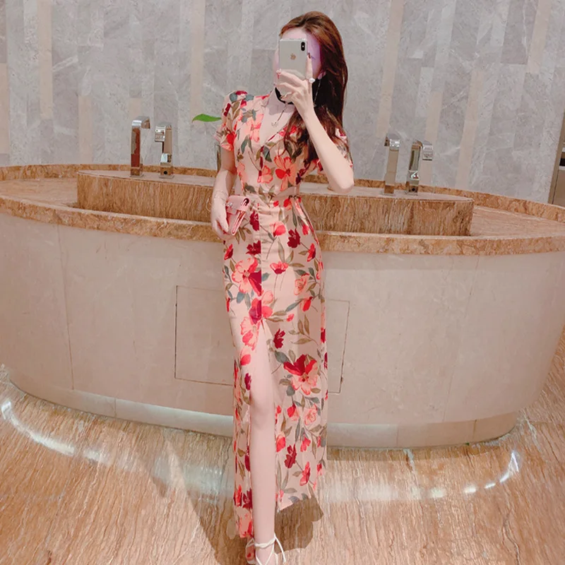 

2019 Summer New Style Chiffon Slit Waist Hugging Slimming Sweet Elegant Seaside Holiday Floral-Print Beach One-piece Dress Women