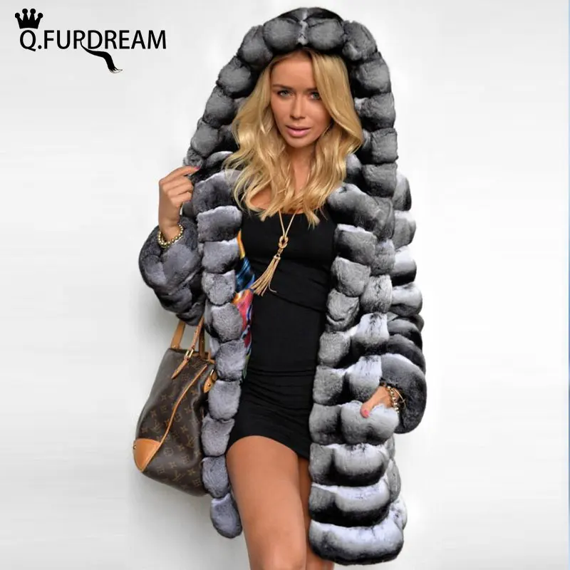 

Q.FURDREAM Woman Rabbit Fur Overcoat Loose Hoodie Real Rex Rabbit Fur Coat Chinchilla Color Winter Fashion Outerwear Warm Jacket