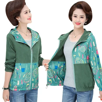 

Spring Autumn Pocket Zipper Hooded Two Side Wear Print Loose Women Jackets And Coats L-4XL Plus Size Mother Clothing