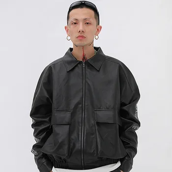 

New Male Streetwear Hip Hop Loose Cargo Jacket Autumn Outerwear Men Letter Embroidery Loose Casual Leather Coat Overcoat