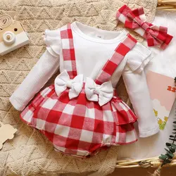 Ensemble 3 pièces pour bébé à manches longues, haut + short à bretelles à carreaux, jupe, costume pour nouveau né fille, ensemble bandeau, printemps/automne 
