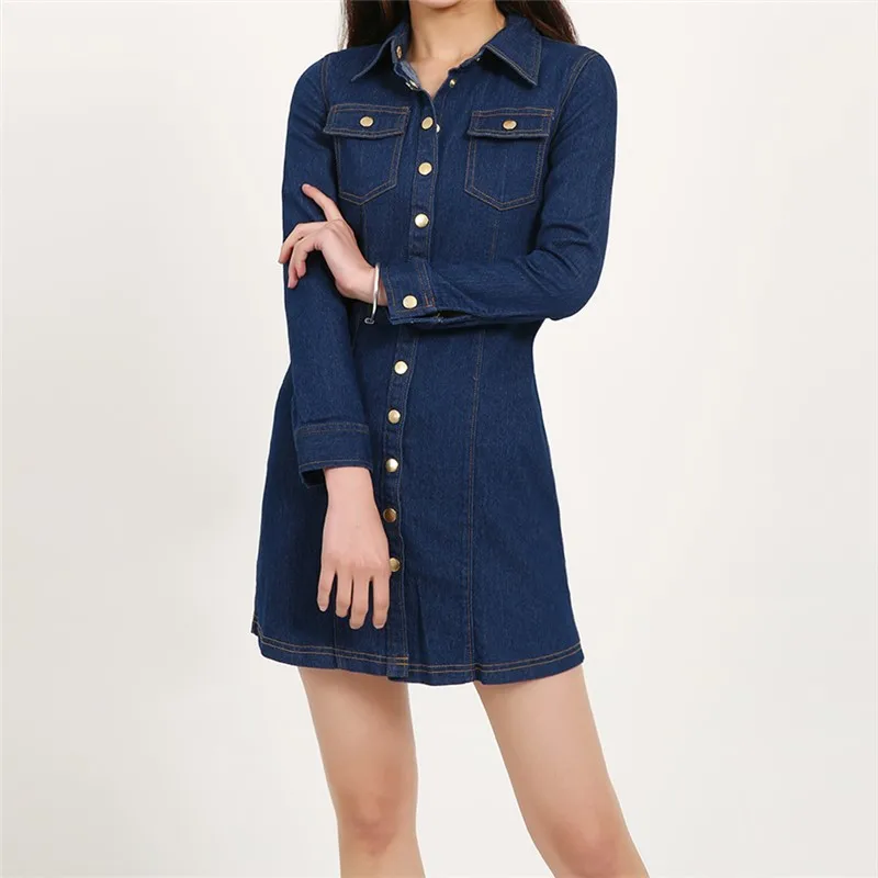 

Spring Autumn Western Style Fashion Slim Long Sleeve Single-breasted SML XL XXL Woman's Casual Shirt Dress Lady Denim Dress