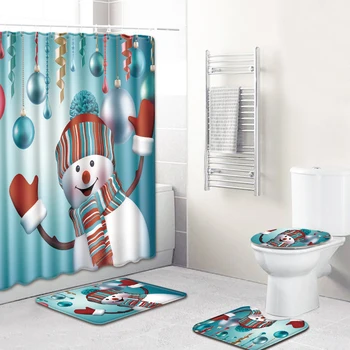 

Christmas Snowman Bathroom Water-proof Curtain Toilet Mat Cover Rug 3/4pcs Set