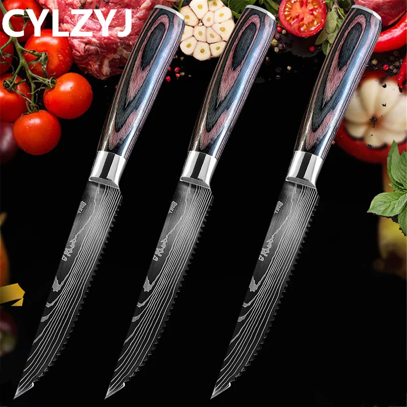 Stainless Steel Serrated Knife Steak Knife Set Cheese Dessert Ham Knife  Damascus Veins Beef Cleaver Cutlery