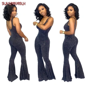 

RAISEVERN Sexy Seep V Neck Backless Sequins Jumpsuits Womens Glitter Evening Party Rompers One Piece Outfits Clubwears Club 2019
