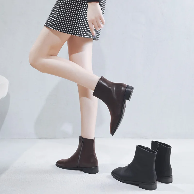 

Red Man Chunky-Heel Short Boots Women's Spring And Autumn Single Boots British Style Square Head INS Online Celebrity Thin Boots