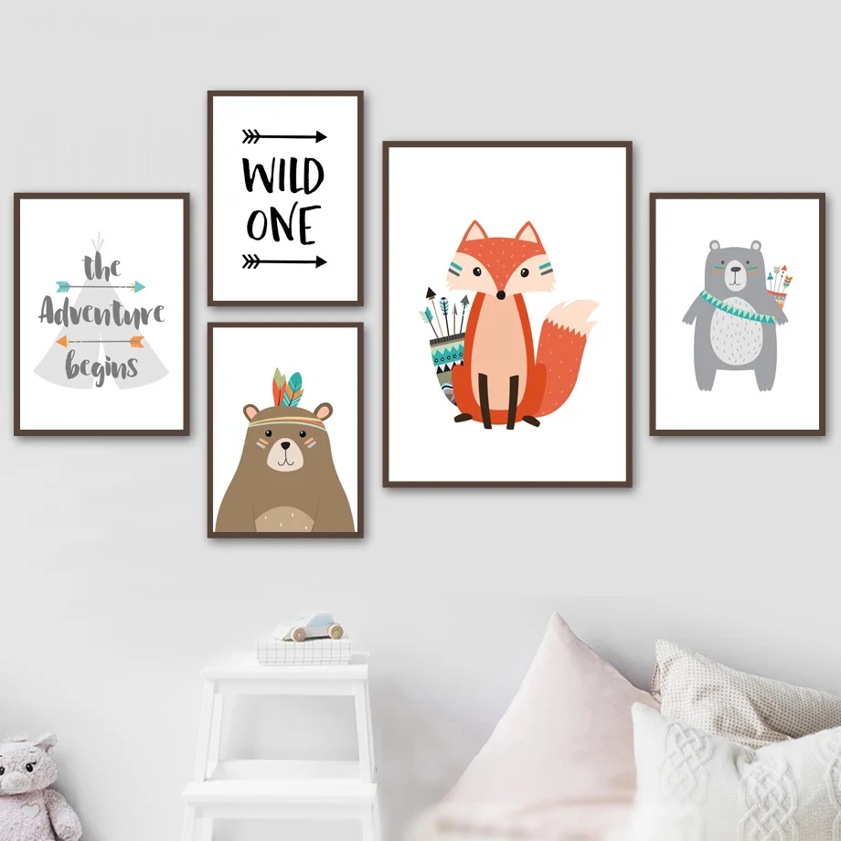 

Bear Fox feather Quote Cartoon Animal Wall Art Print Canvas Painting Nordic Canvas Posters And Prints Wall Pictures Kids Room