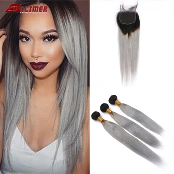 

Anlimer 1B/Gray Brazilian Straight Remy Human Hair 3 Bundles with Lace Closure,Grey Ombre Bundles with Closure