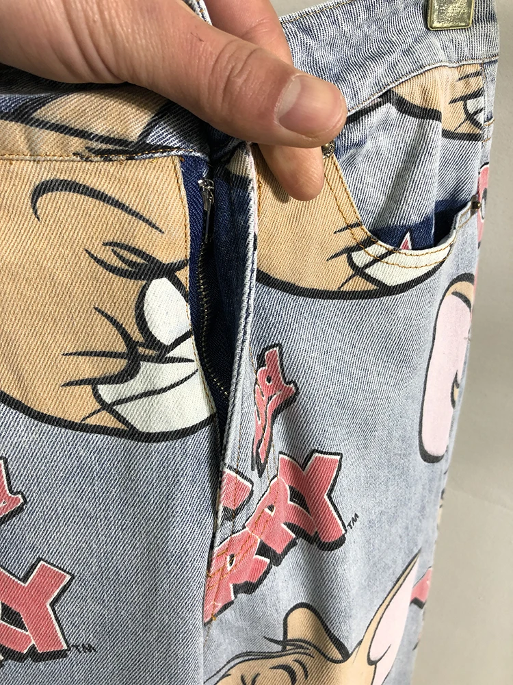 FREE SHIPPING Korean Jeans Cat And Mouse Print JKP4382