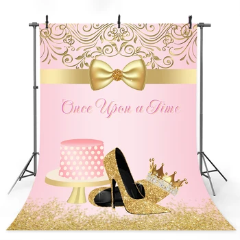 

Once Upon a Time Birthday Backdrop Pink Gold High Heel Photo Background Girl's Once Upon a Time Birthday Party Banner Decoration