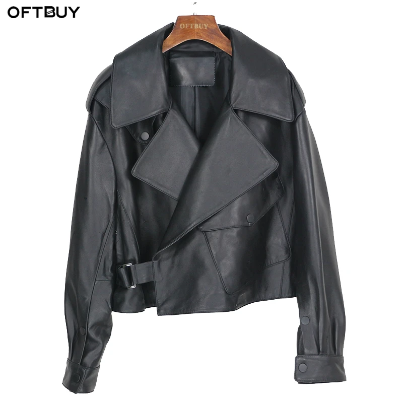 

OFTBUY New Spring Loose Genuine Leather Jacket Women 2020 Fashion Black Real Sheepskin Coat Motorcycle Biker Female Outerwear