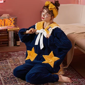 

Homesuit Homeclothes New Woman Blue Turn Down Collar Long Sleeve Long Pants Sleepwear Fashion Style Casual Style Coral Fleece