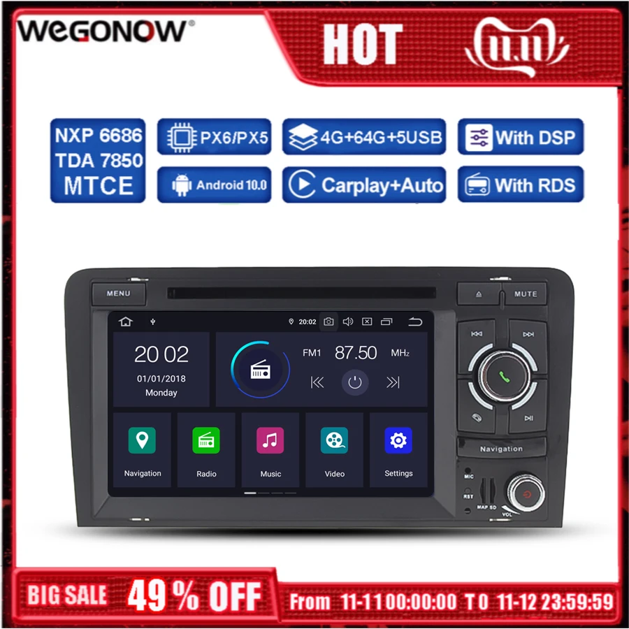DSP PX6 IPS Android 10 4 Гб 64 ГБ Автомобильный DVD Плеер GPS карта Bluetooth 5 0 Радио RDS Wi Fi пульт