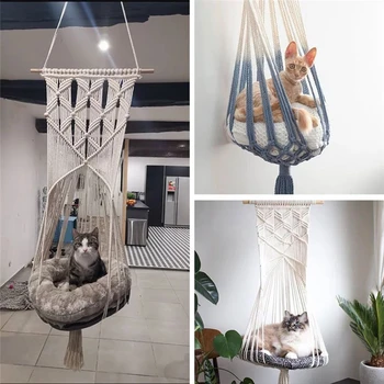 

Hand-Woven Hanging Basket Cotton Pet Nest Cat Dog Hammock Thread Toy Swing Bohemian Wall Hanging Macrame 5 Sizes