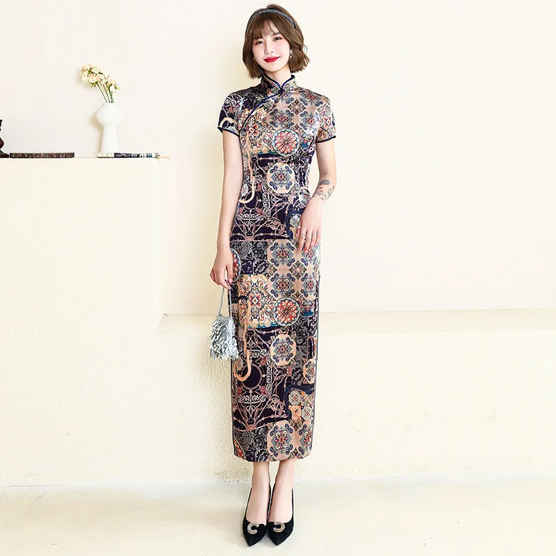 Long Cheongsam Slim Slik Vintage Long Dress Chinese Traditional Costumes Summer Dresses 4XL 8 Colors