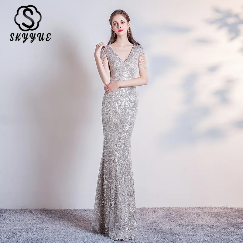 Skyyue, вечернее платье с блестками, серебряное, с кисточками, вечерние платья для женщин, K043, элегантные, короткий рукав, вечерние платья, Русалка, Robe De Soiree