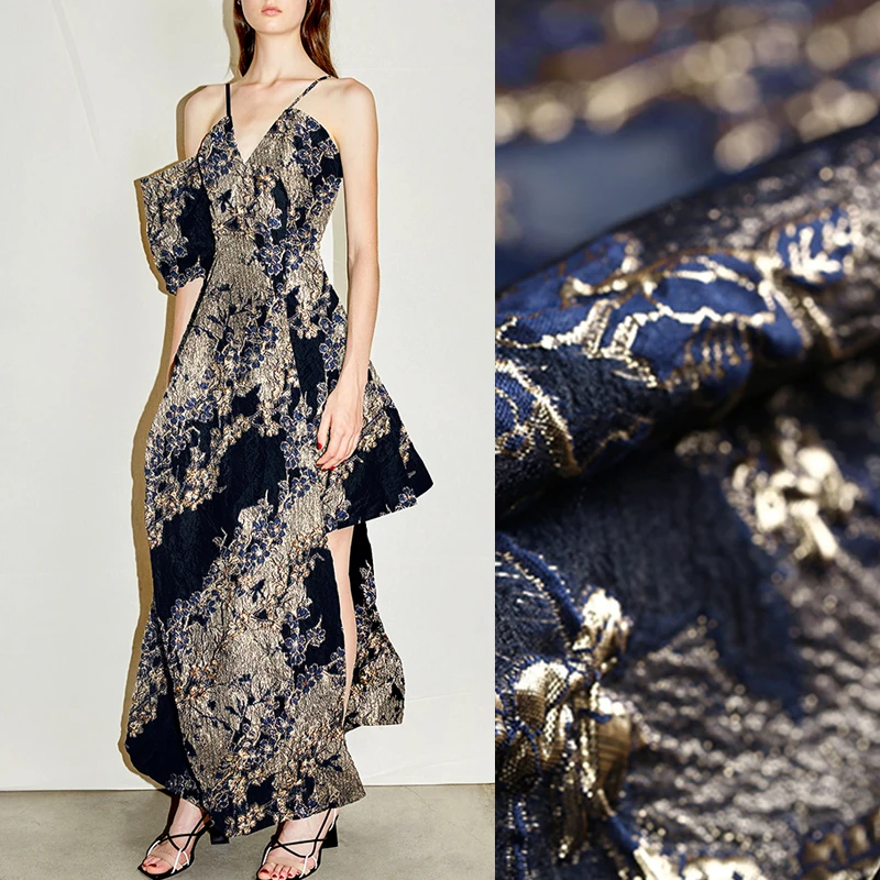 142 см шириной 144 г/м вес золотой жаккард темно-синий полиэстер лиоцелл ткань для осенне-весеннего платья пальто куртка E1107