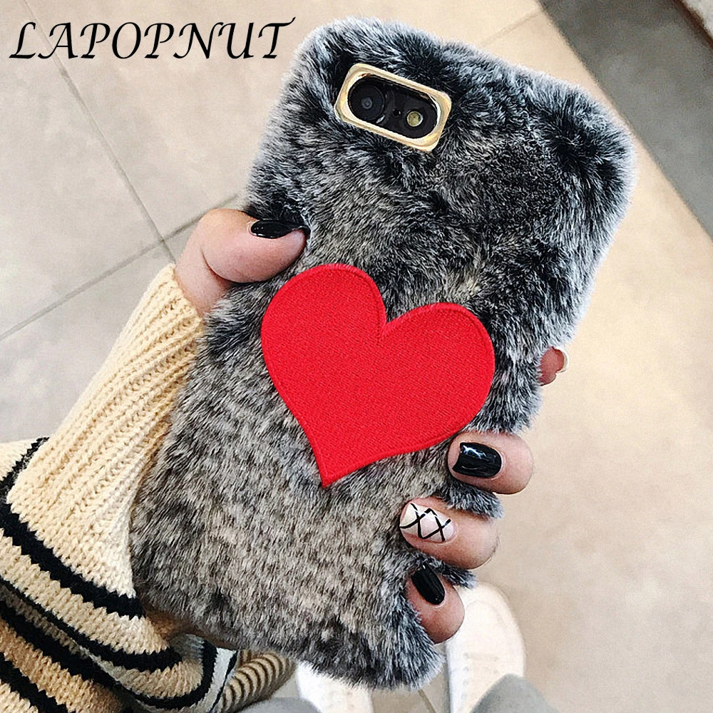 

LAPOPNUT Luxury Furry Fur Soft Case For iPhone 7 Plus 8 6S 6 5 5S SE Shell Cute Plush Phone Cover For Apple iPhone X Xr Xs Max