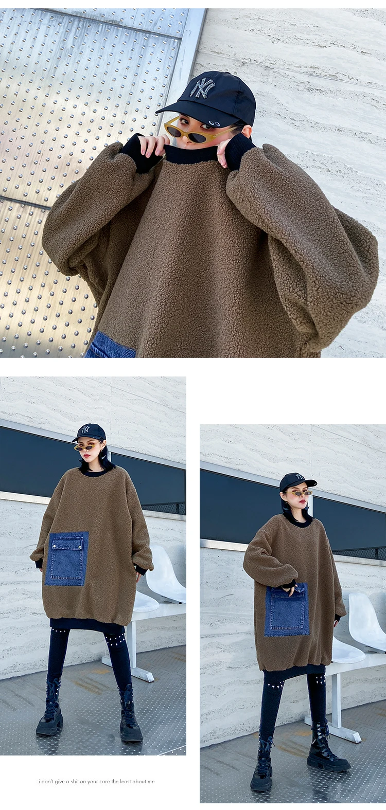 QING MO Women Wool Sweatshirt Winter Women Denim Patchwork Sweatshirt Female Casual Loose Sweatshirt Coffee ZQY2479