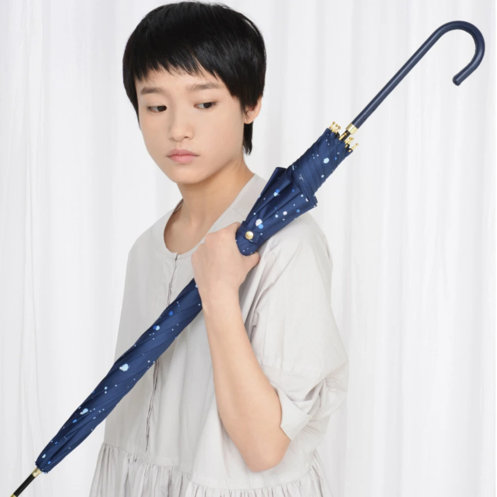 Tiohoh Blue Ink Style Long Umbrella Rain Women Windproof 8K Leather Handle Fashion Paraguas 190T Pongee Golf Umbrella Parasol