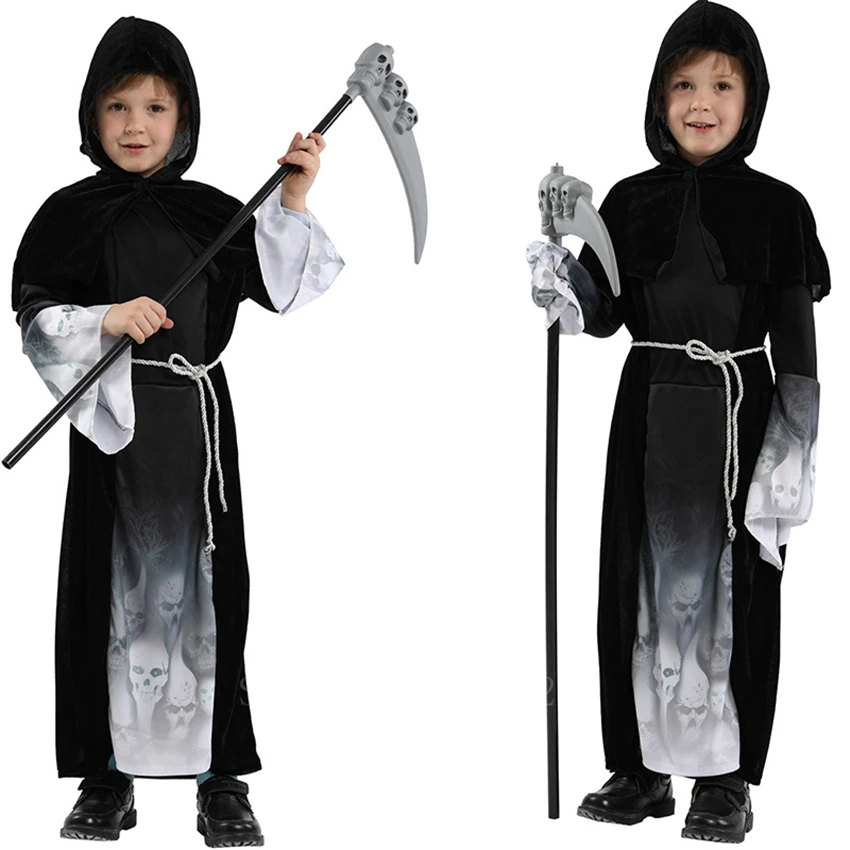 

Children Halloween Death Scary Cosplay Costumes Carnival Masquerade Skull Ghost Grim Reaper Demo Fancy Robes Headgear