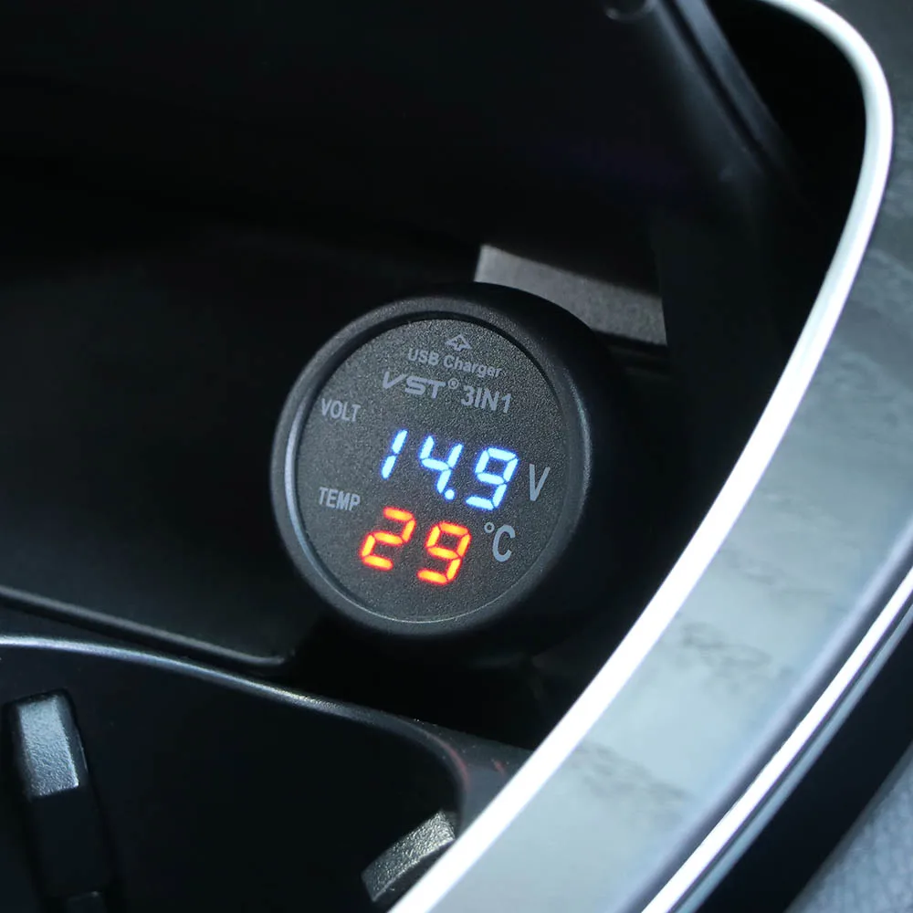 

3 In 1 Digital LED Car Voltmeter Thermometer Auto Car USB Charger Temperature Meter Voltmeter Cigarette Lighter 12-24V Car Meter