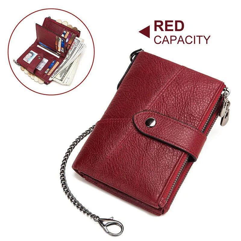 GZCZ Rfid Genuine Leather Rfid Men Wallet PORTFOLIO Wallets Chain Coin Purse Short Male Money Bag Card Holder Small portomonee - Цвет: Red M Chain