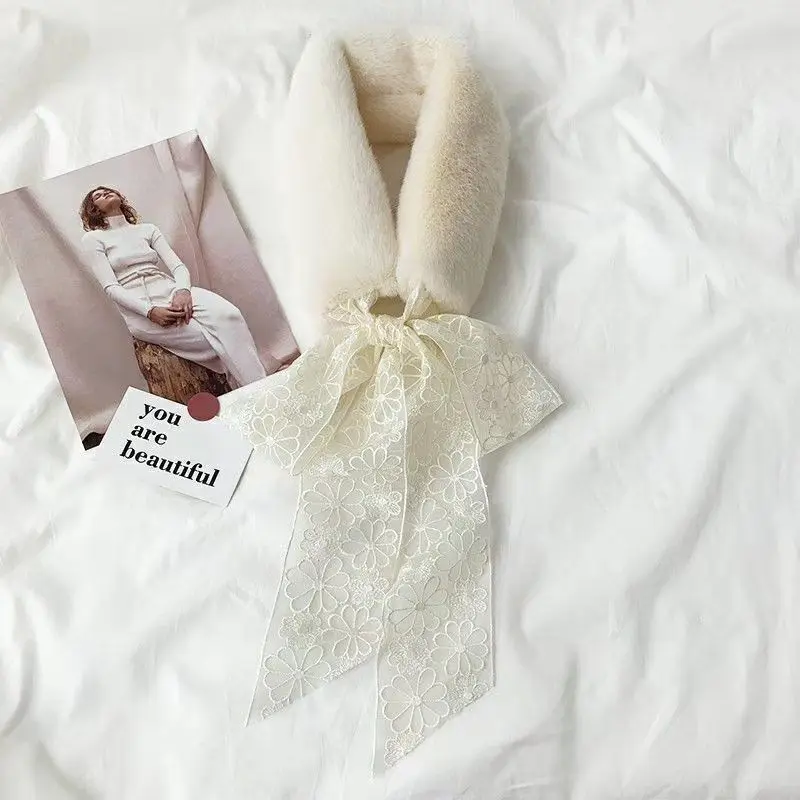 

Белый корейский кружевной Модный осенне-зимний женский плюшевый шарф из искусственной лисы с меховым воротником теплый шарф для шеи новый подарок Bufanda