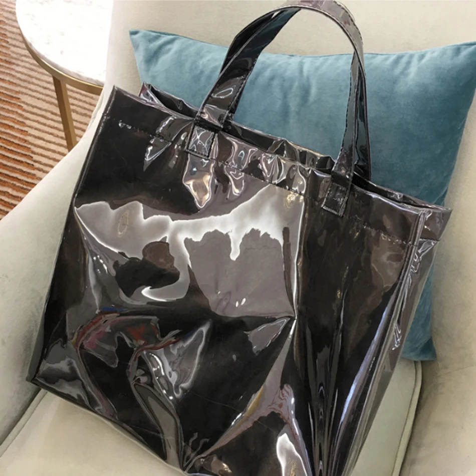 Waterproof PVC Jelly Bag Vintage Kraft Paper Bags Tote Bag Transparent Casual Shopping Bag Summer Beach Bag Big Capacity - Цвет: Черный