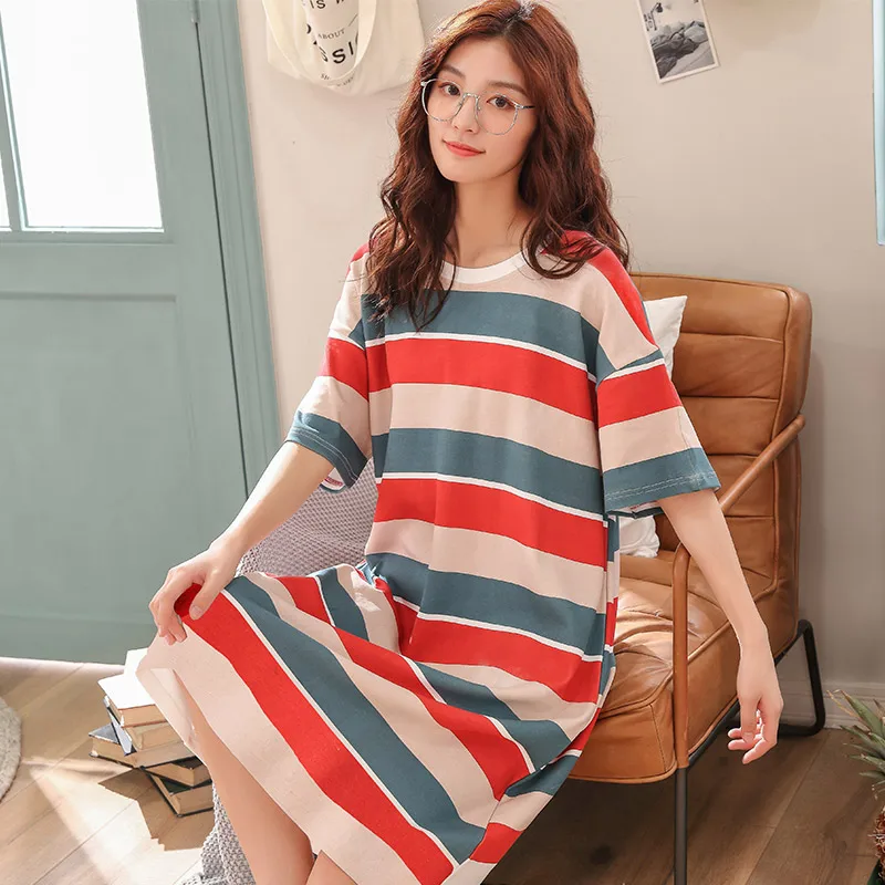 2020 Summer New Stripped Korean Minimalist Style SleepWear Nightgown Knee-length Short Sleeves Cotton O-neck Women's Sleepshirt