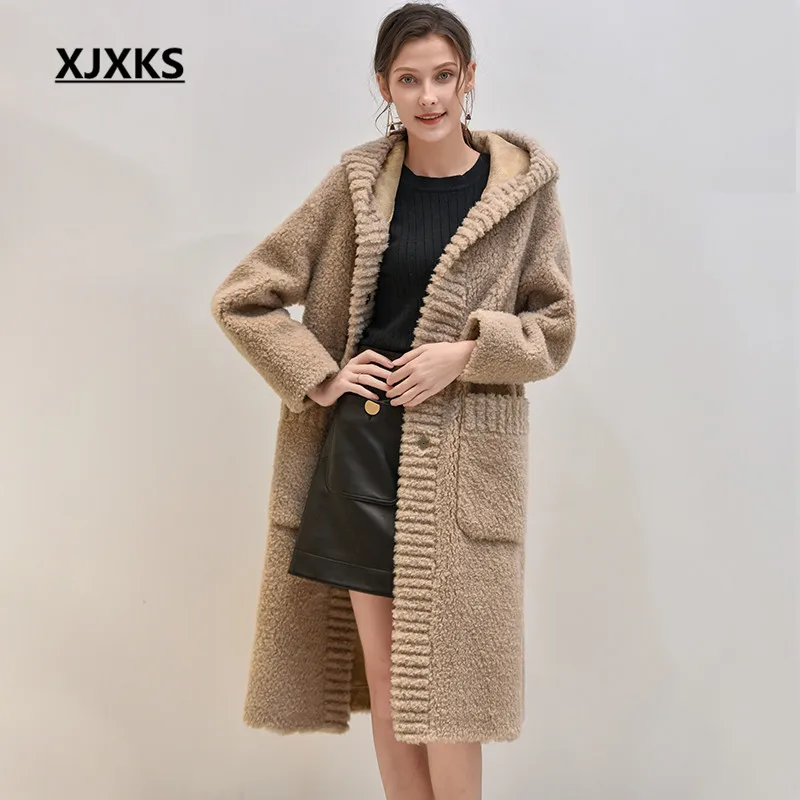 XJXKS, зима, новинка, женское длинное шерстяное пальто, модное, с капюшоном, свободное, большой размер, высокое качество, овечья шерсть, женское меховое пальто