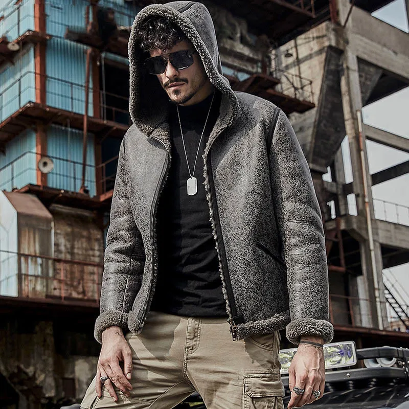 Burst Gray Мужская куртка из натуральной кожи, настоящая овчина, оригинальная экологическая овчина, шубы, верхняя одежда, короткий дизайн, экологический стиль - Цвет: Burst Gray