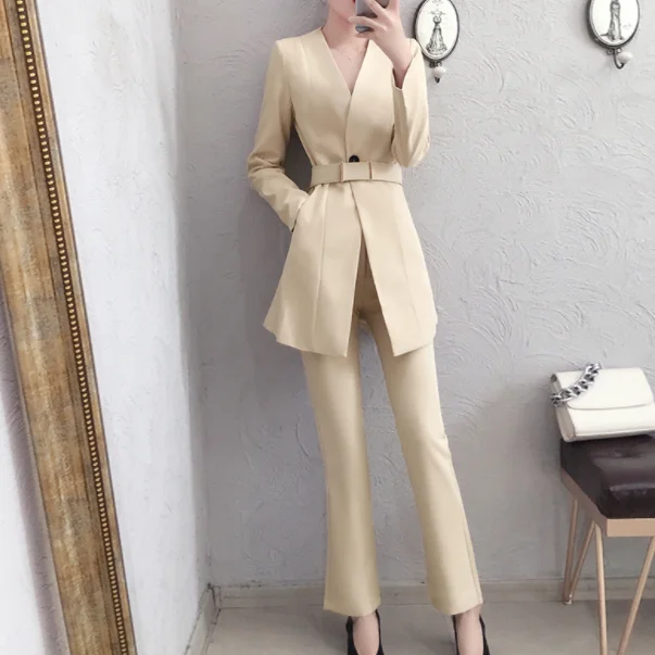 Women Pant Suits spring and autumn New High end female British style Blazers top + wide leg pants Two-piece suit women AQ907 | Женская