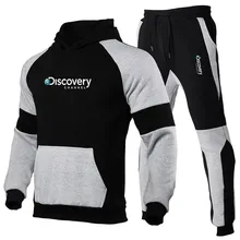 2 peça conjunto de treino masculino discovery channel marca define esporte pulôver hoodies jogging homem casual impresso grande bolso agasalho
