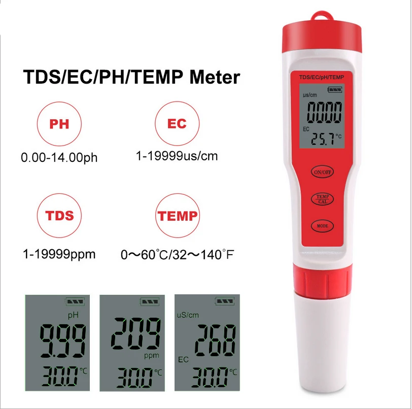 TDS рН-метр PH/TDS/EC/измеритель температуры Цифровой Измеритель Качества Воды Тестер для бассейнов, питьевой воды, аквариумов