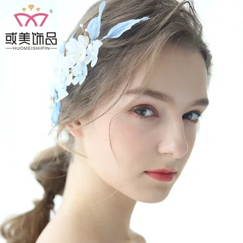 

NPASON J6179 2020 bridal handmade jewelry blue gradient silk cotton leaf hairpin cross border special wedding headdress