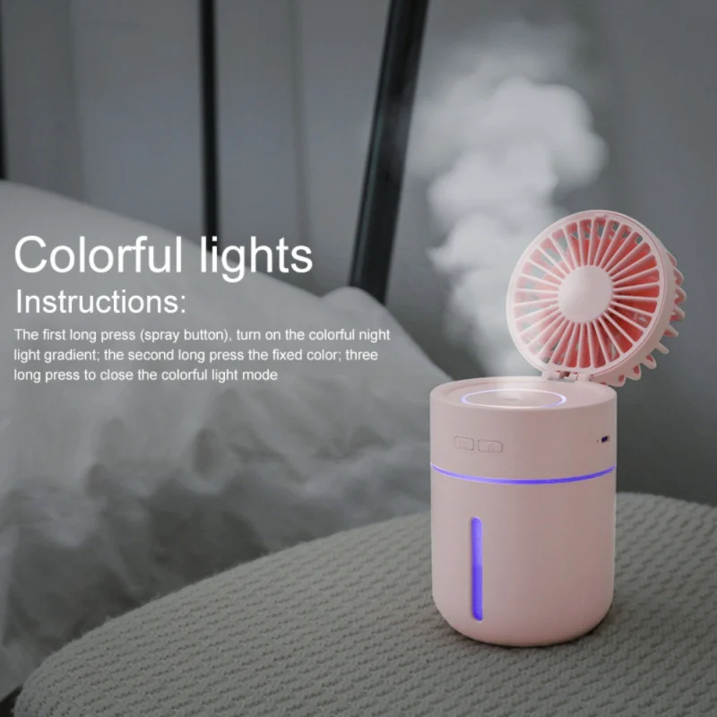 

2 In 1 Portable Mini USB Fan Humidifier Cool Mist Humidifier With Personal Folding Fan 3-Speed Adjustable & 7 Colors Light Chang