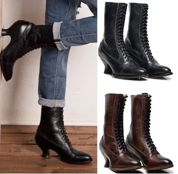 

Classics Leisure Fashion Mid Calf Boots for Women Lace-Up Solid PU Autumn Boots Hoof Heel Concise Winter Ladies Botas Mujer