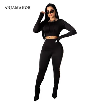 

ANJAMANOR Leopard Patchwork Black Sexy 2 Piece Set Women Bodycon Outfits Winter Ladies Sweat Suits Fitness Tracksuit D91-AE44