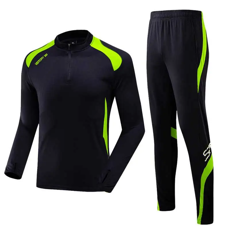 Black Green Men Running Sweatshirt+ Sweatpants Yoga GYM Fitness Compress Sets Quick Dry Workout Training Exercise Sport Shirts+ Pants 1901 - Color: Black Green