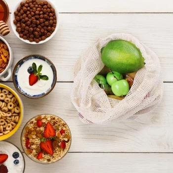 

Reusable Produce Bags Organic Natural Cotton Drawstring Mesh Bag Vegetable Fruit Home Storage Pouch for Shopping