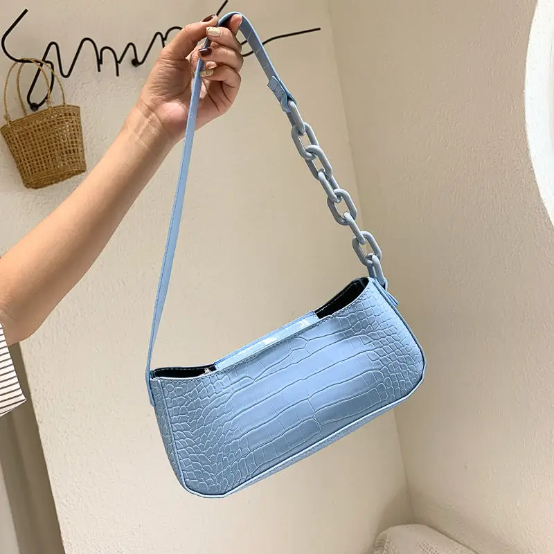 

Fashion Design PU Leather Women Baguette Handbag Crocodile Pattern Ladies Chain Small Shoulder Armpit Bags Girls Mini Tote Purse