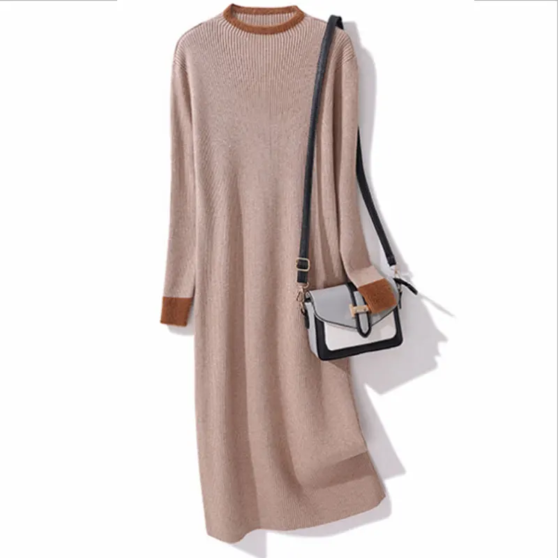 

Diwish Long Dress Winter Knitted Sweater Dress Elegant Women Solid Shirt Fall 2019 Maxi Dress Fur Collar Pullover