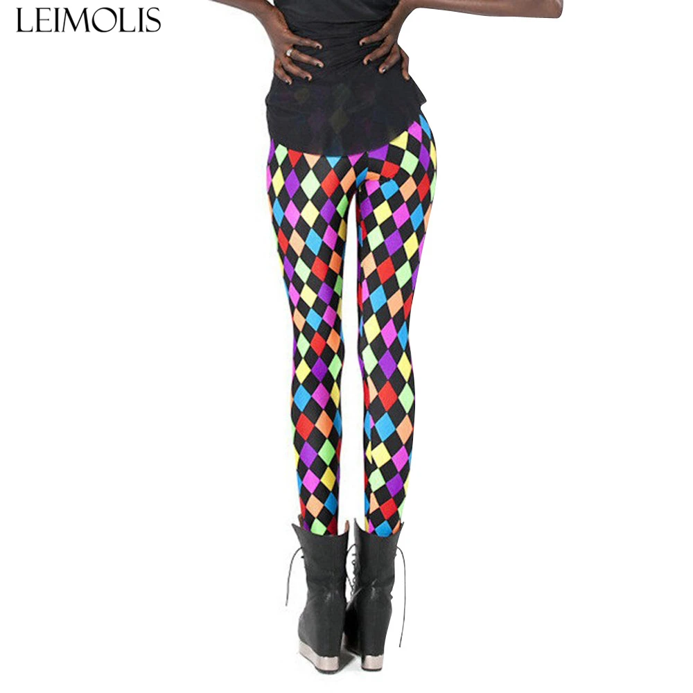 

LEIMOLIS 3D printed fitness push up workout leggings women colorful diamond plus size High Waist punk rock pants