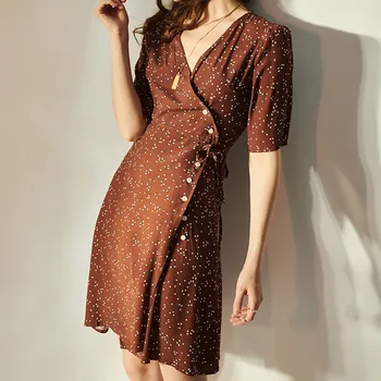 

Spring Summer Women's Short Sleeve Dress Dot Print V-neck Lace-up Buttons Casual Mini Dress