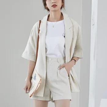 

Korean Casual Cotton And Linen Blazer Set Summer Clothes For Women One Button Jacket Coat & Shorts 2 Piece Set Female Pants Set