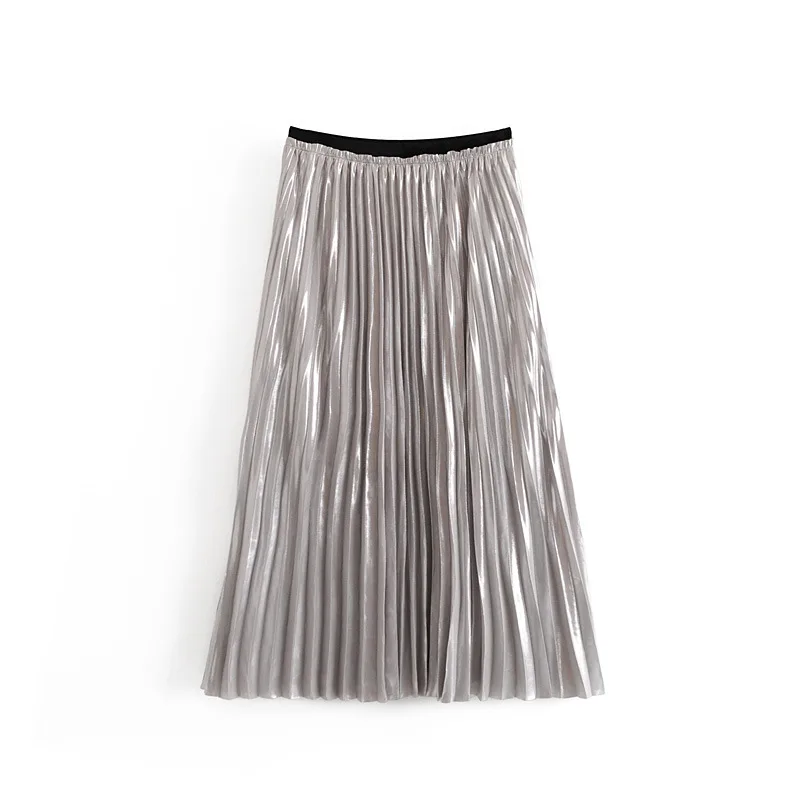 

QZ126 New Arrival Elastic Waist Silver Gilding Fashion Pleated Skirt Autumn Women's Match All Shining Saias